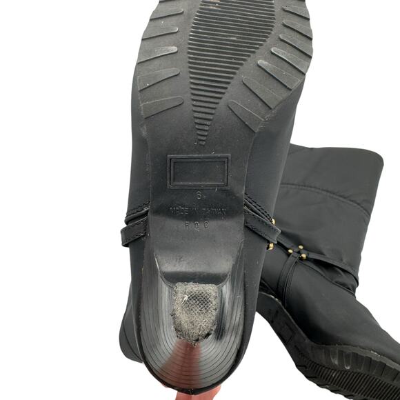 R.O.C. Vintage Black Nylon Mid Calf Faux Fur Pointed Toe Cone Heel Pull On Boots - Picture 11 of 12